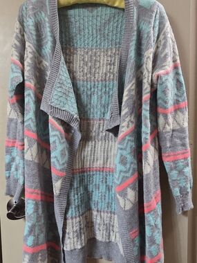 Open-Front Aztec Knit Cardigan in Gray, Turquoise & Pink